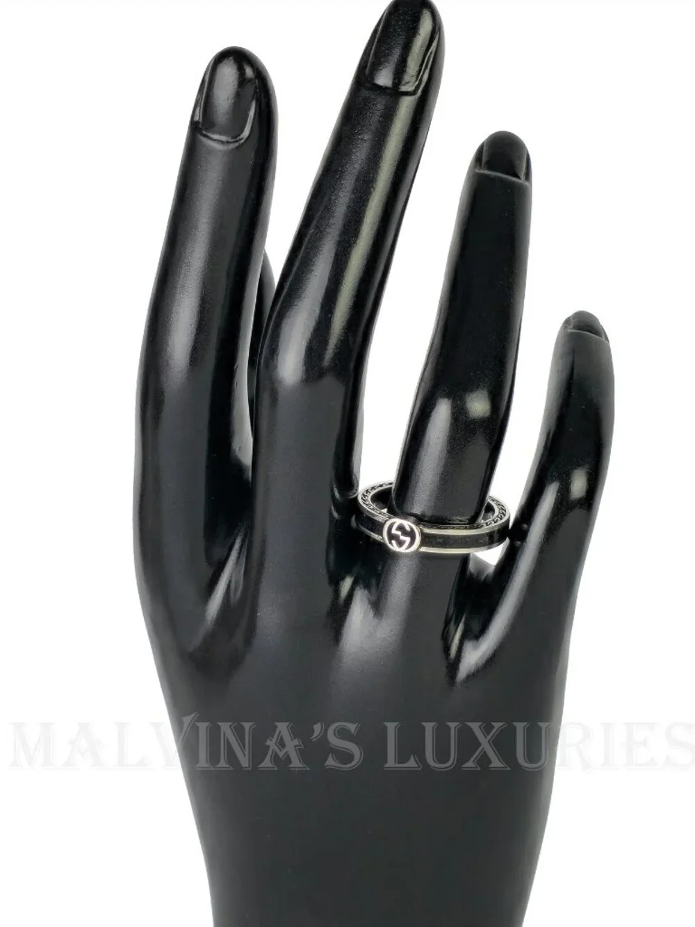 GUCCI RING STERLING SILVER w BLACK ENAMEL INTERLOCKING GG LOGO sz 17 US 8